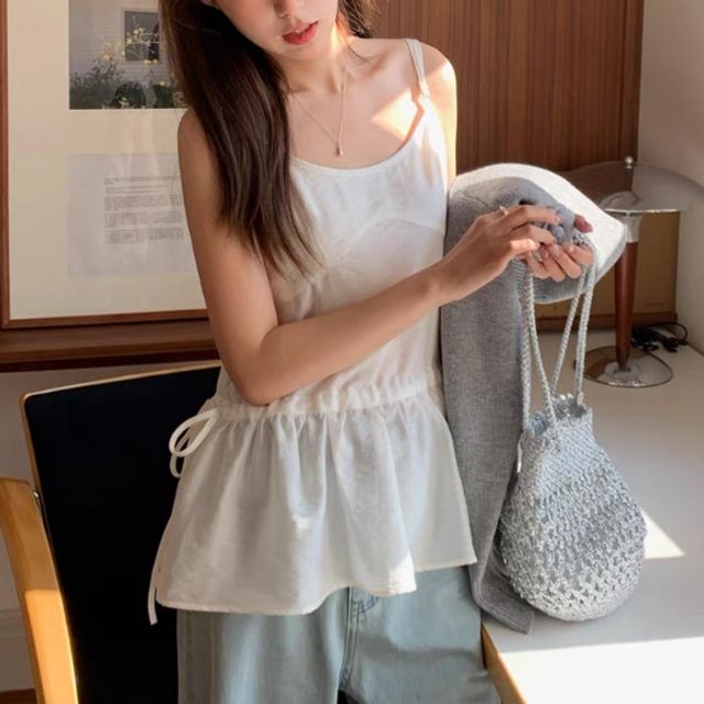 루즈핏 시스루 허리 스트링 나시 블라우스 2컬러