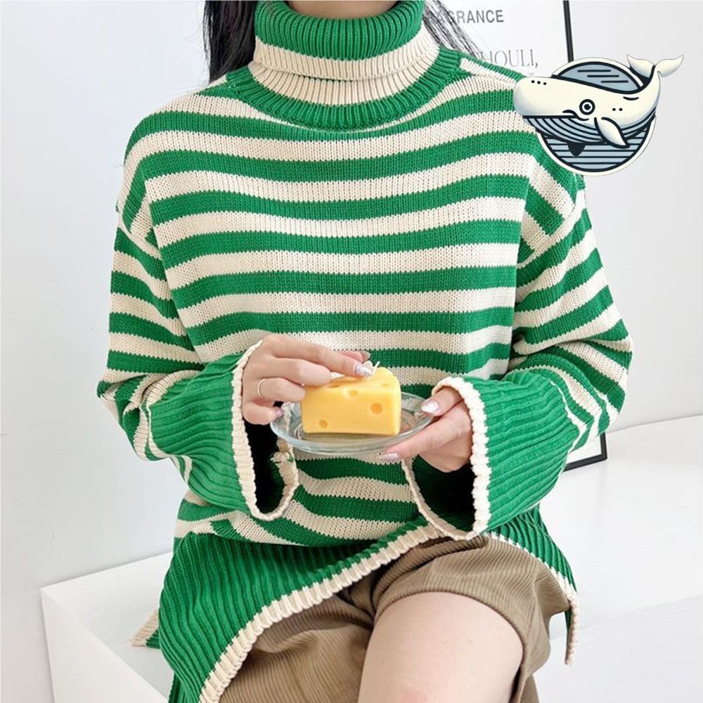 루즈핏 가로 줄무늬 골지 폴라티 여성 캐주얼