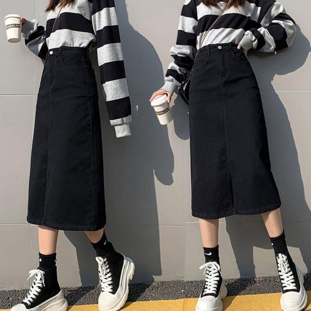 스커트 여성 릿 앞트임 하이웨 간절기 가을 치