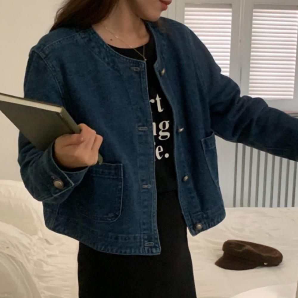 노카라 청 자켓 심플한 디자인 데님 여성 상의 봄가을