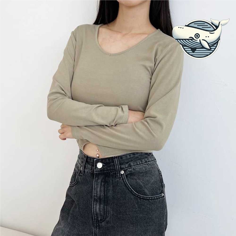 여성 크롭 긴팔 티셔츠 라운드넥 부드러운 원단