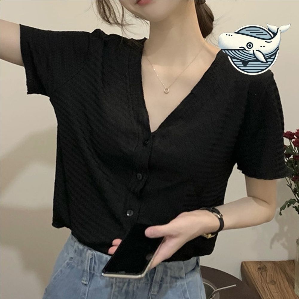 여성 브이넥 여름 반팔 블라우스 블랙 시원한