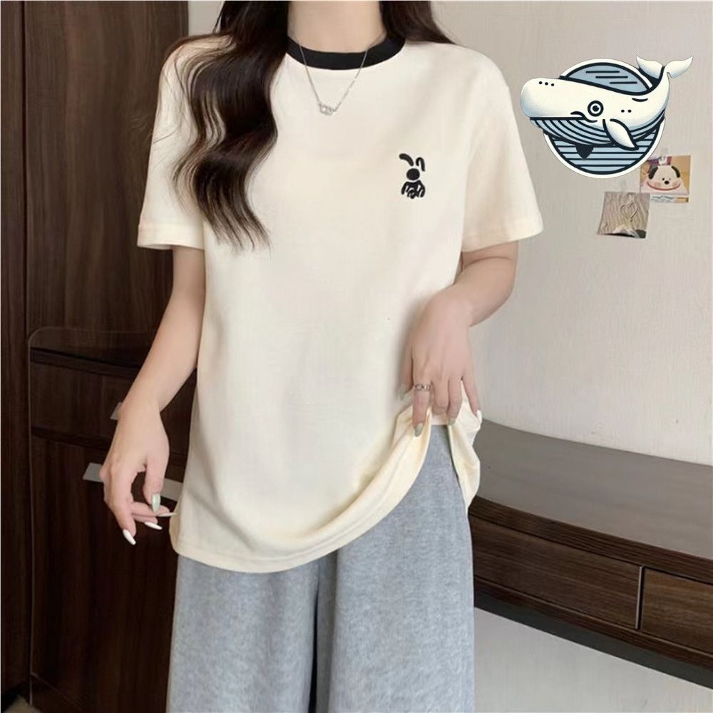 캐주얼 래빗 자수 티셔츠 편안한 반팔 복고