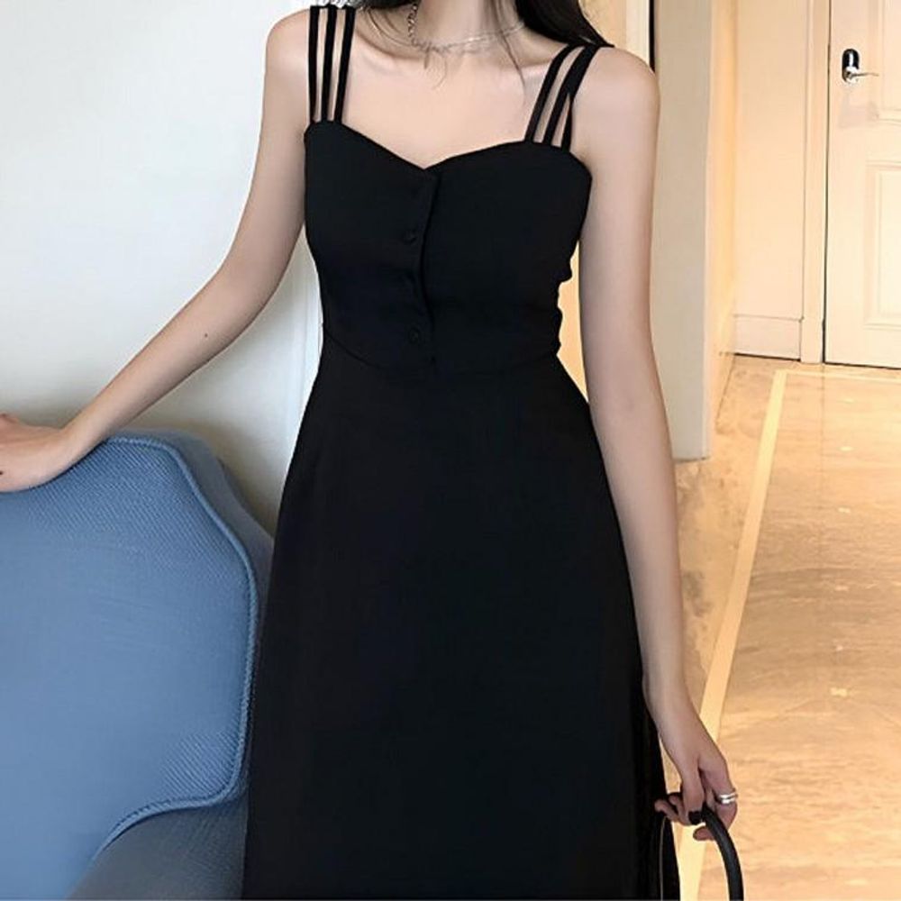 여자롱 바캉스 오프 검정 휴가룩 여름 끈나시 여성롱