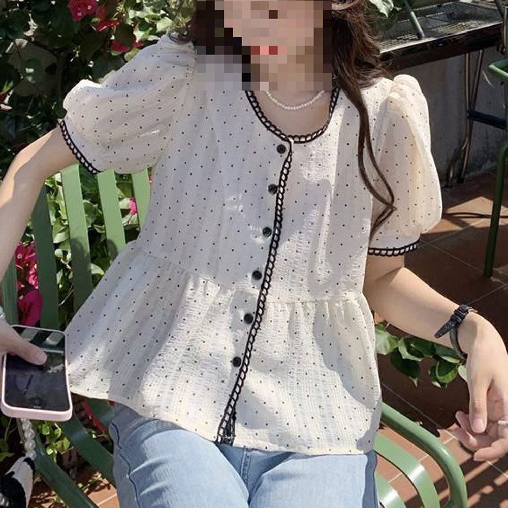 도트패턴 여성 플레어 블라우스 여름 하객룩 캐주얼룩