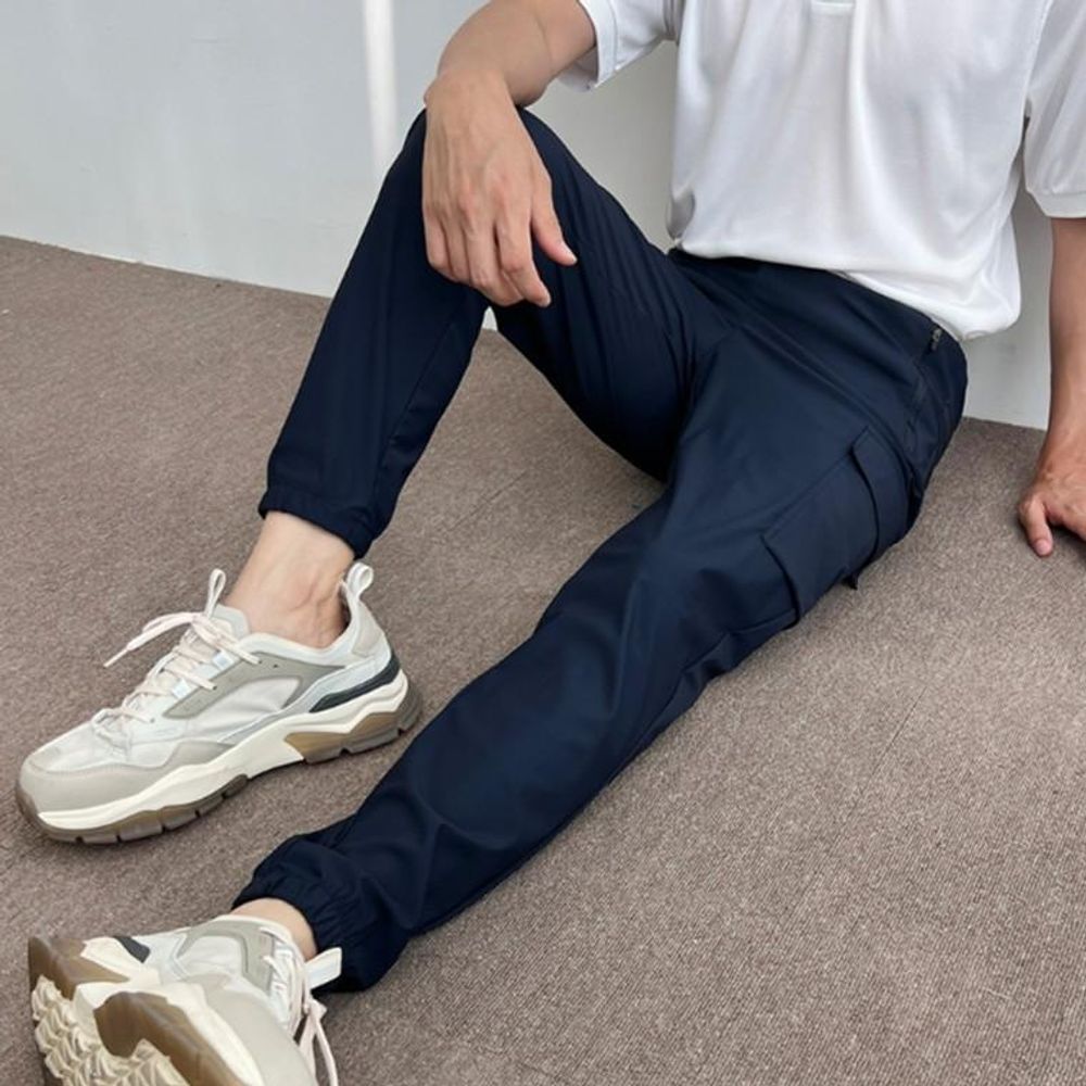 남성 산책 운동 곤색 밴딩 슬림핏 긴 카고팬츠 트레이