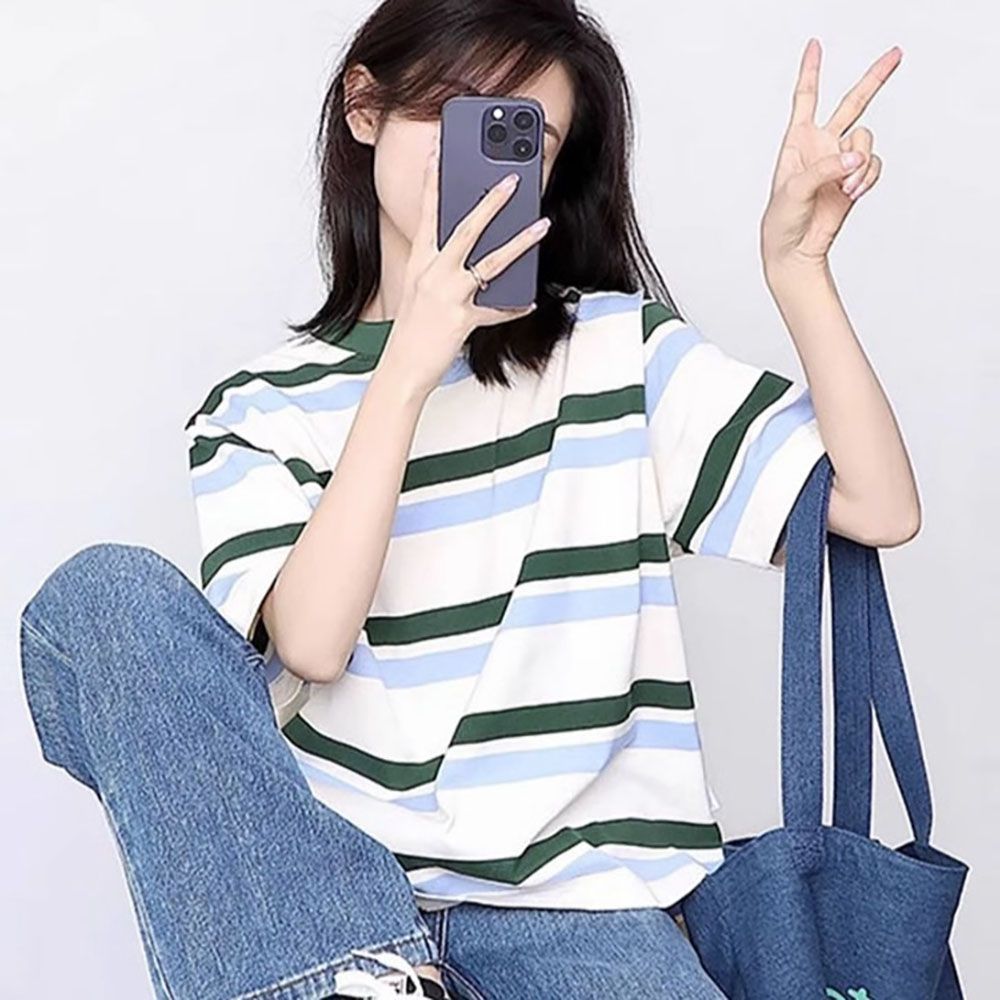 여자 루즈핏 패션 스트라이프 라운드 반팔티
