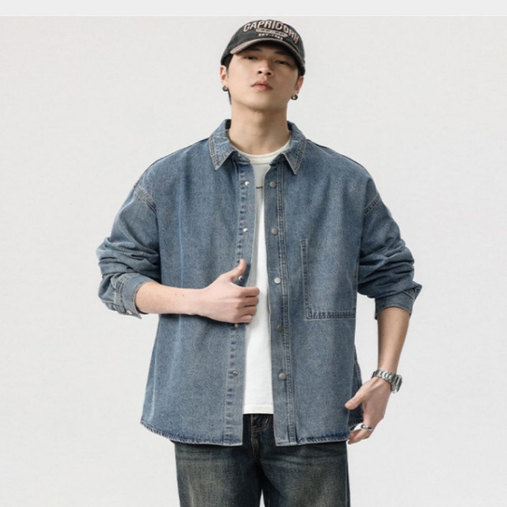 남자 모던 오버핏 캐주얼룩 데님셔츠 청남방 데님자켓