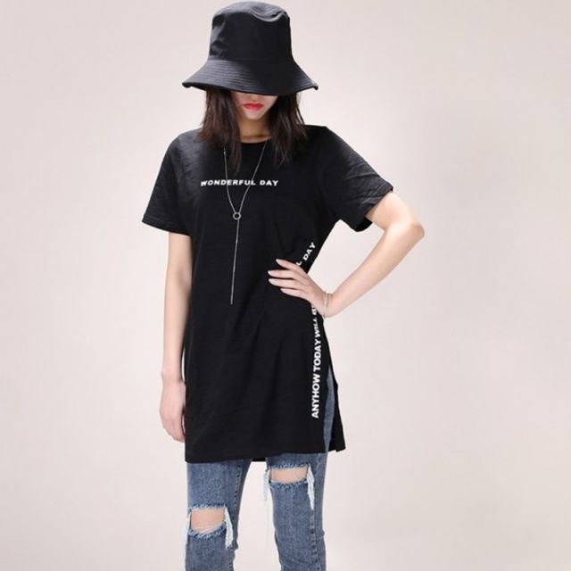 S50023 옆선레터 가슴 기본 롱반팔티 데이 라운드반팔