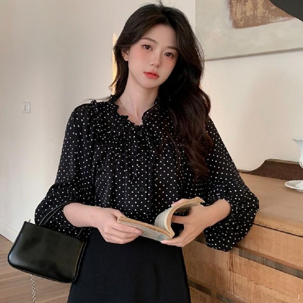 여성 도트 프릴 긴팔 블라우스 루즈핏 나그랑 봄 티셔