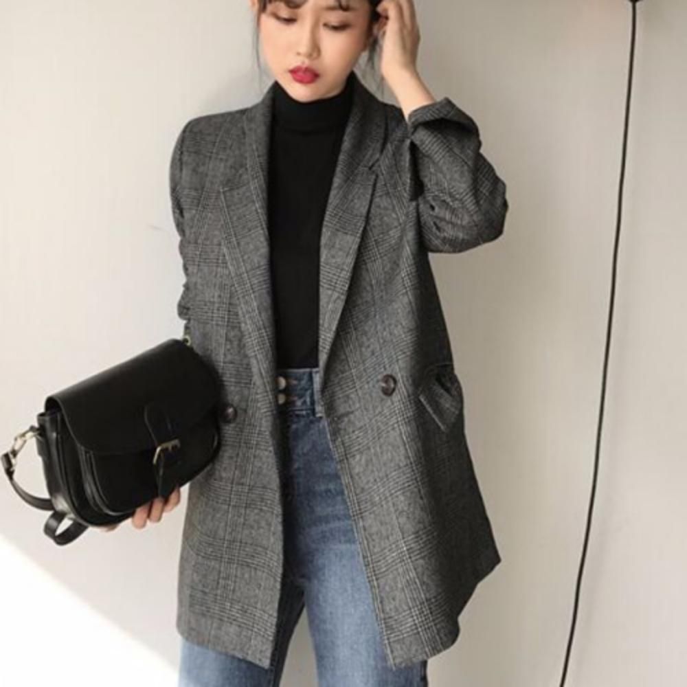 여성 간절기 소매 롤업 오버핏 체크 자켓 아우터
