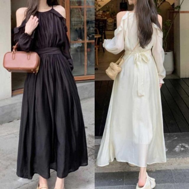 쉬폰 어깨트임 롱원피스 기본 프릴 데이 허리스트링