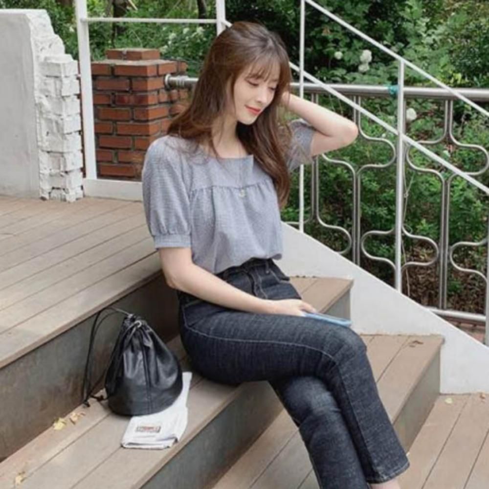 스퀘어넥 셔링 여자 반팔 셔츠 여름 티셔츠 캐주얼룩