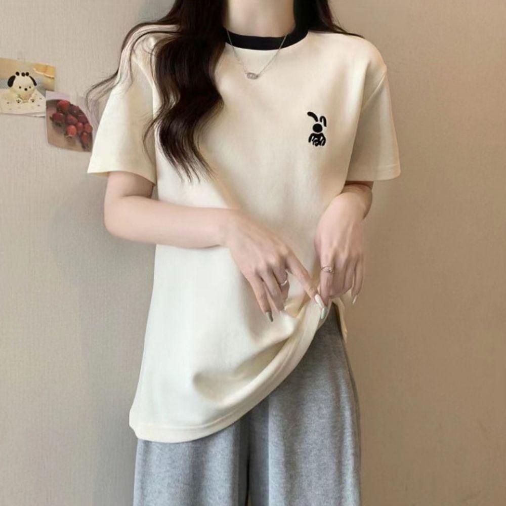 반팔 라운드넥 래빗 자수 티셔츠 여름 여자 귀여운