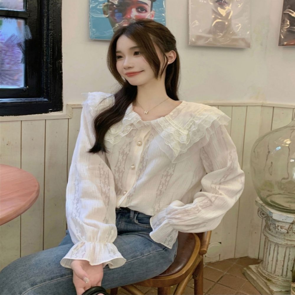 봄 가을 예쁜 여자 레이스 프릴 블라우스 셔츠