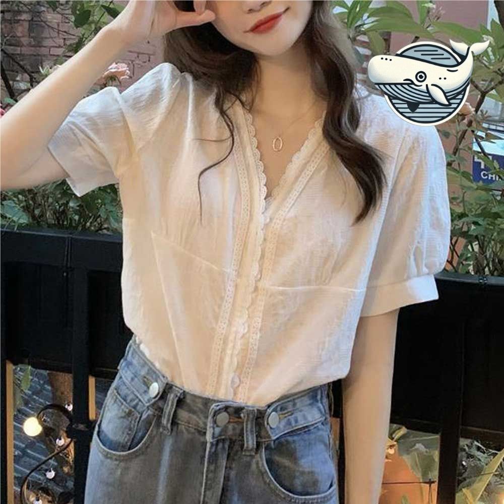 여름 브이넥 레이스 블라우스 화이트 출근룩
