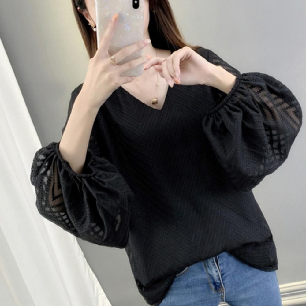루즈핏 블라우스 긴팔 여성 면 브이넥 여름