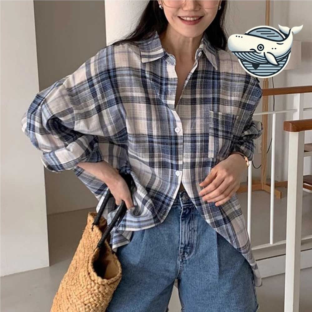 트렌디 체크 롱셔츠 여성 빈티지 스타일 여행