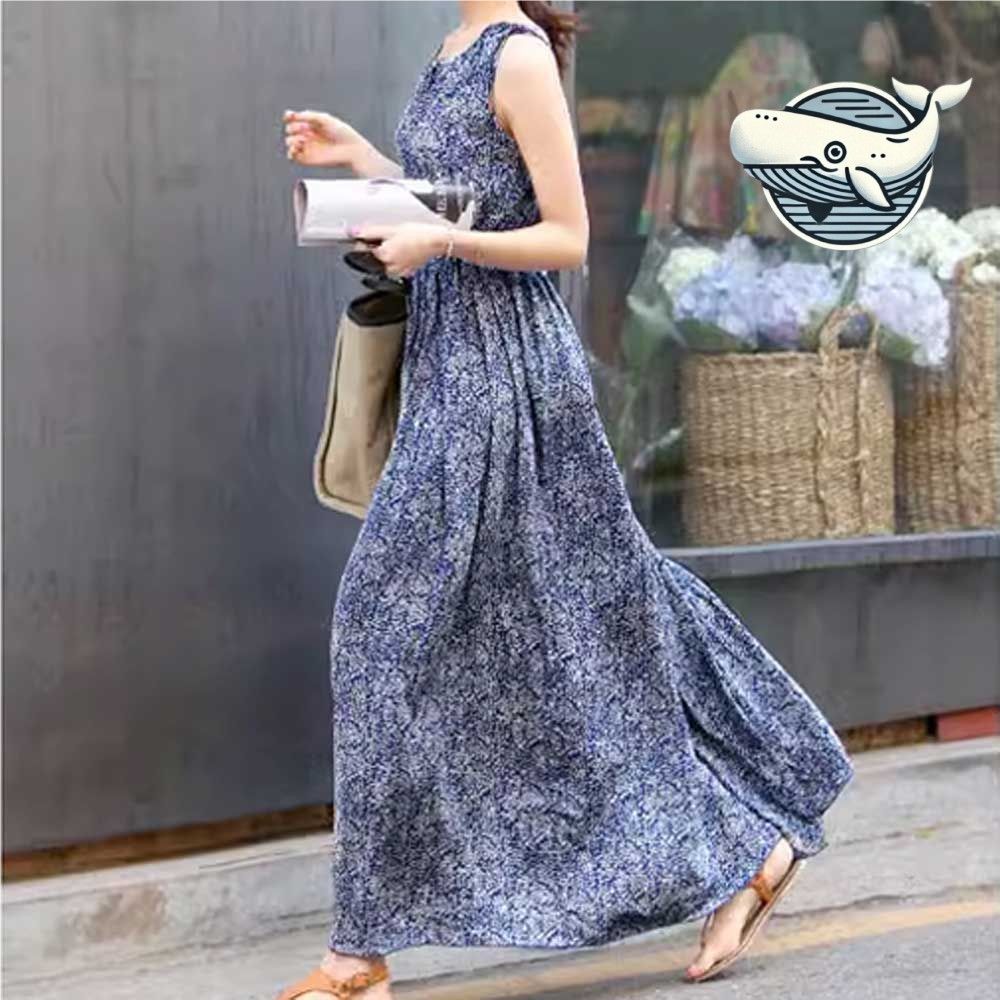여름 슬리브리스 롱 드레스 우아한 플라워 패턴