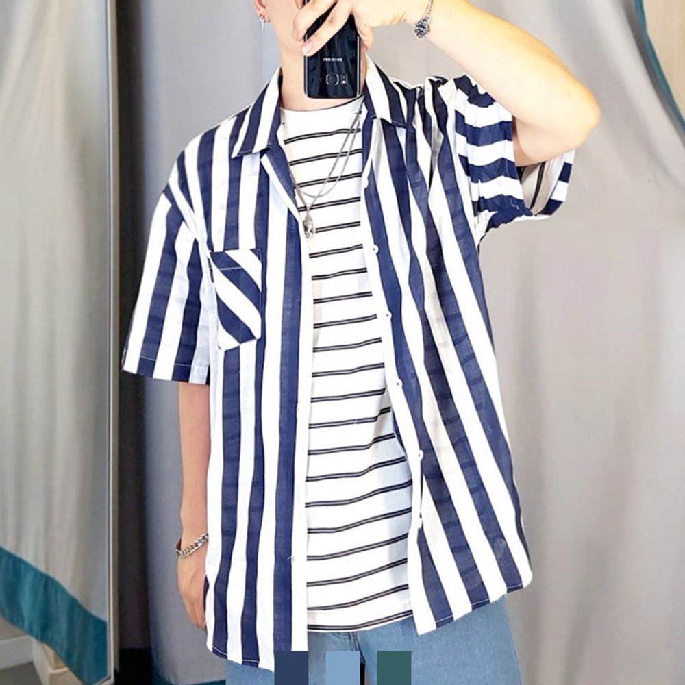 린넨 데일리 스트라이프 반팔셔츠