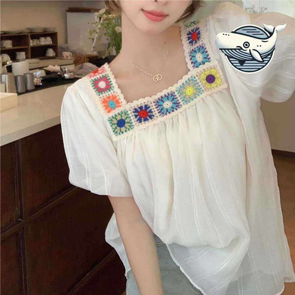 여름 스퀘어넥 자수 블라우스 가벼운 세로 셔츠