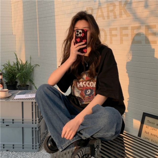 빈티지 프린팅 로고 기본 박스 데이 오버핏 반팔
