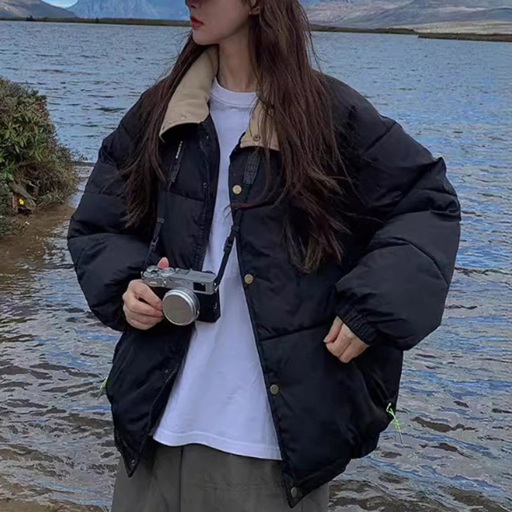 여성 두툼한 하이넥 집업 패딩 1P 루즈핏 배색 점퍼