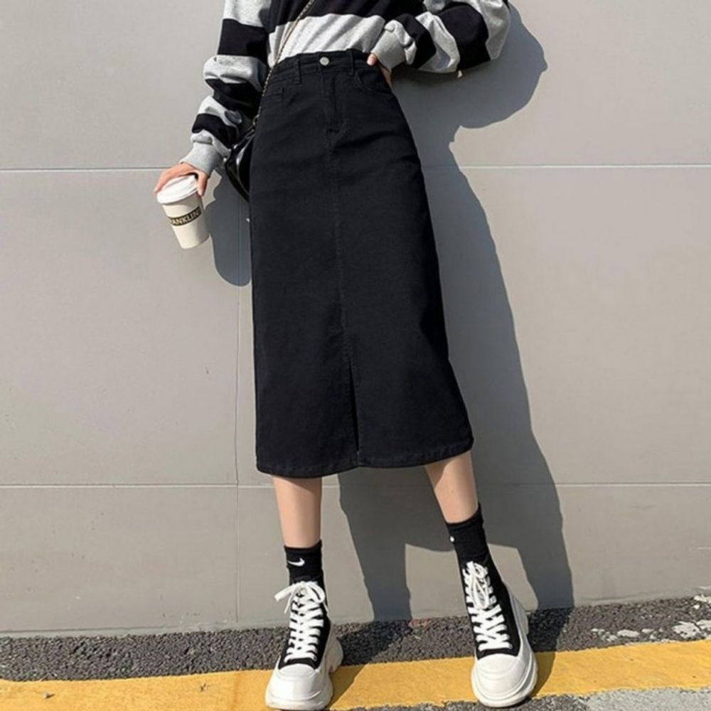 데일리 블랙 가을 여자 웨스트 치마 앞트임 A