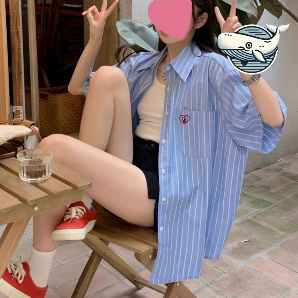 여름 오버핏 스트라이프 하트자수 셔츠 여성