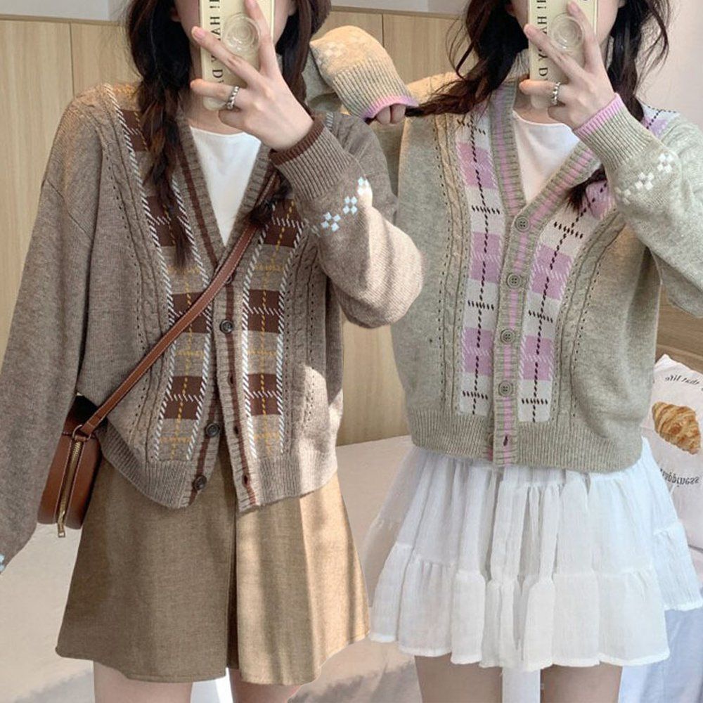 여성 봄 가을 체크 브이넥 단추 가디건