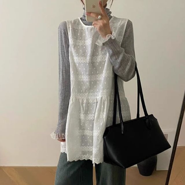여성 루즈핏 시스루 레이스 나시 미니 원피스