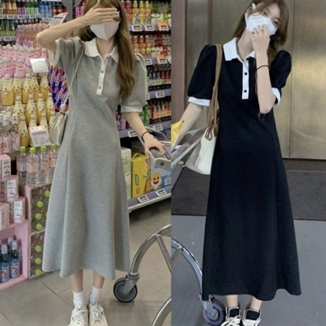 예쁜 배색 여성 기본 셔링 데이 퍼프 카라 반팔 롱 원