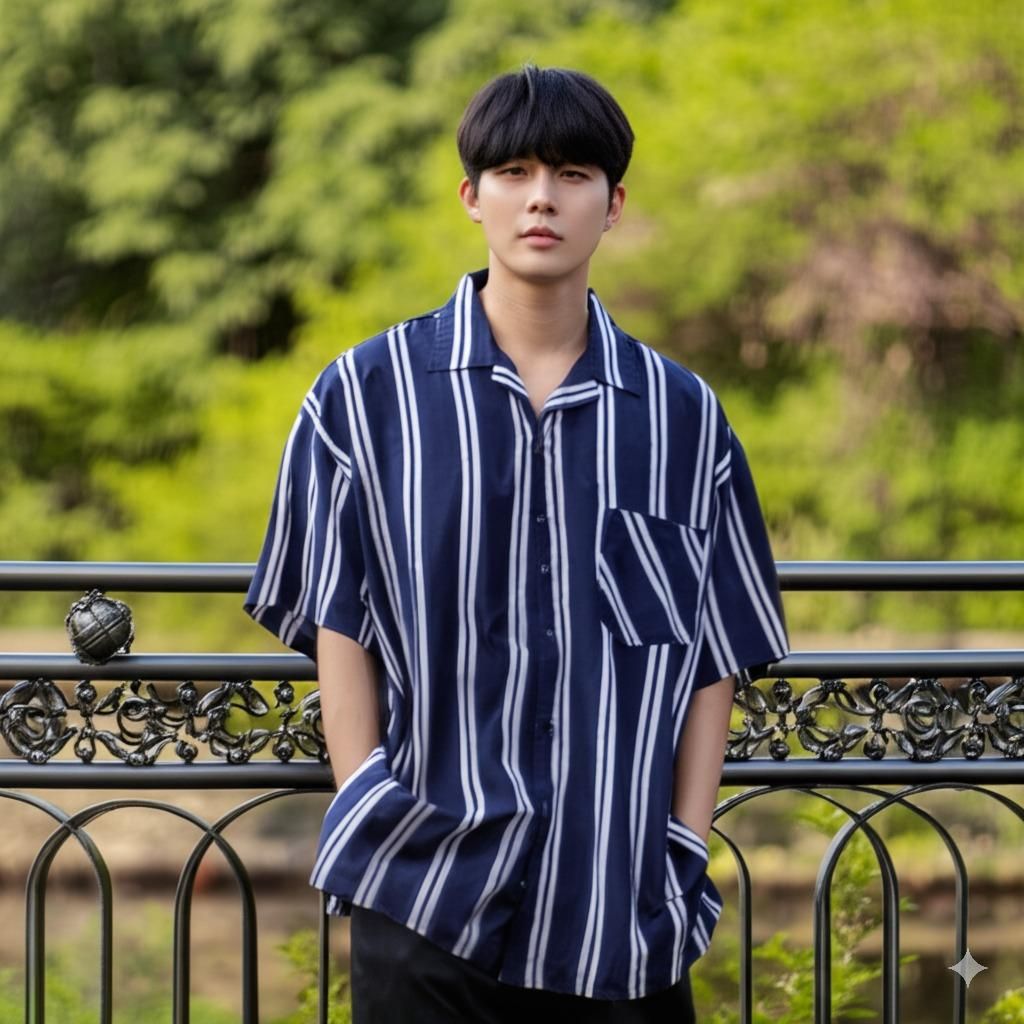 리넨 소재 줄무늬 오픈카라 반팔 셔츠
