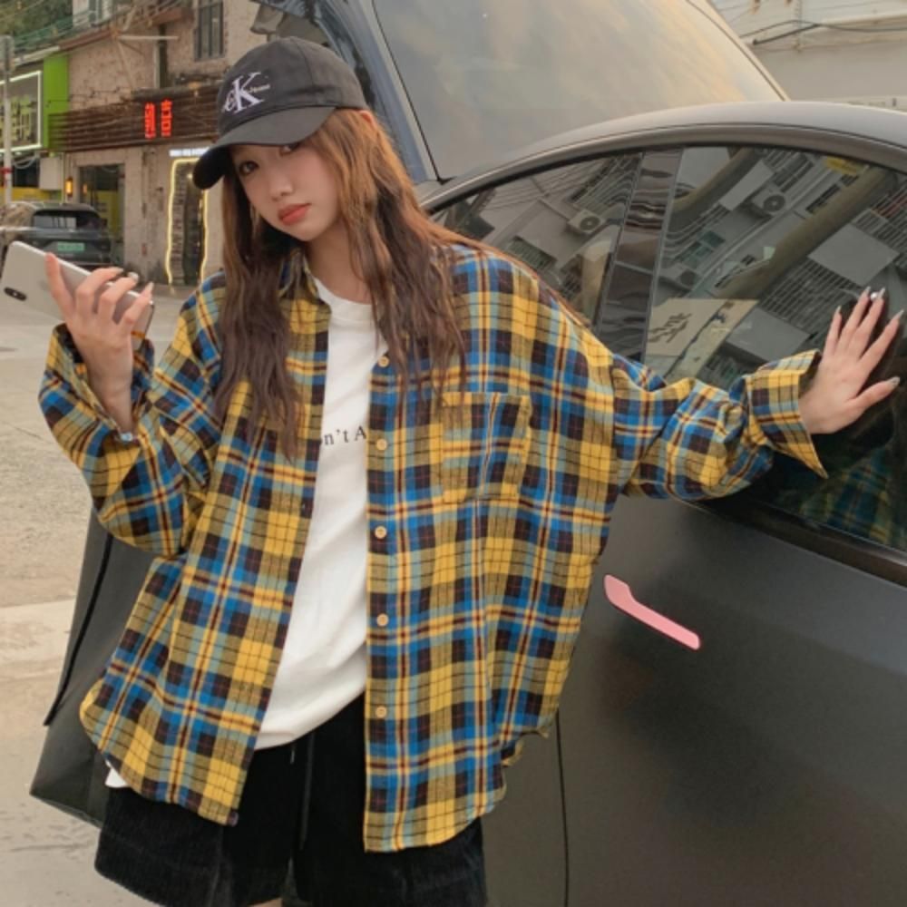 여성 여름 간절기 데일리 오버핏 체크 카라 긴팔 셔츠