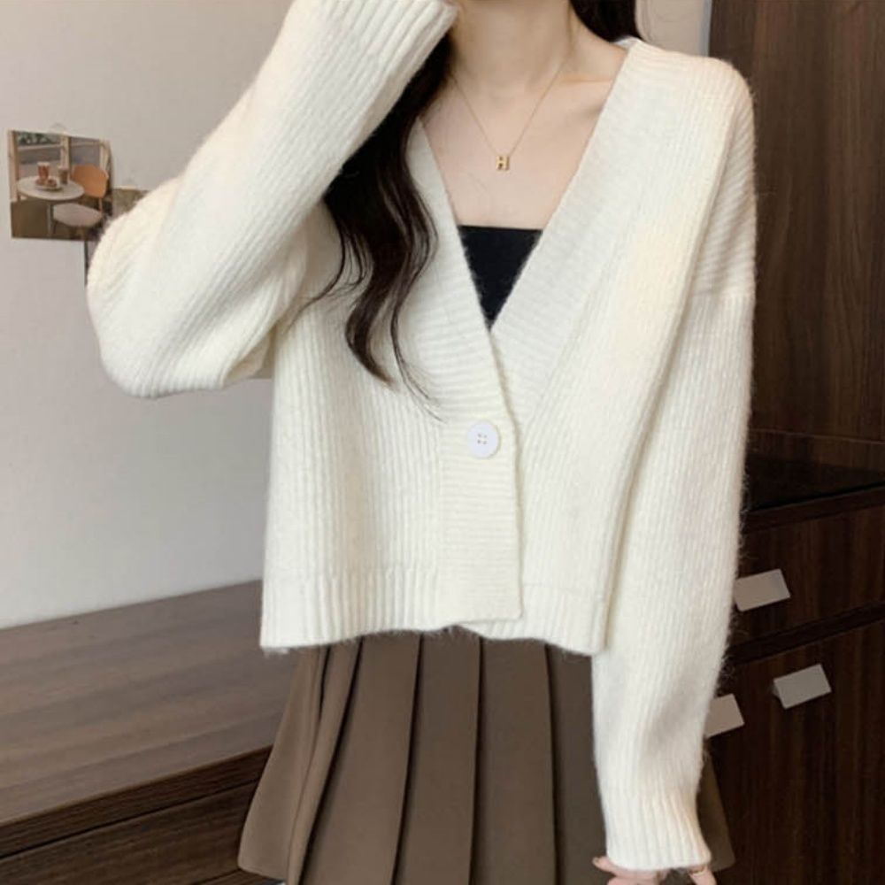 여성 가디건 원버튼 브이넥 세미크롭 데일리 가디건
