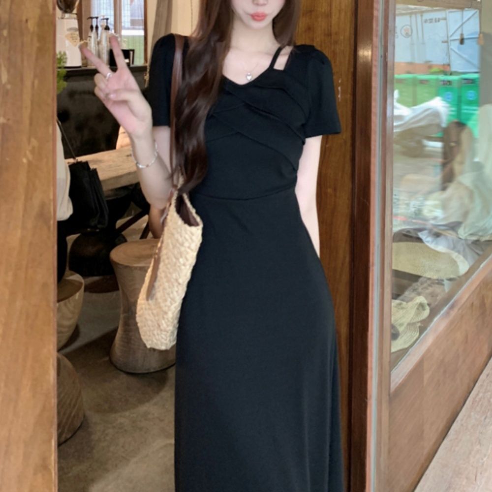 트임 포인트 셔링 반팔 원피스 여름 맥시드레스