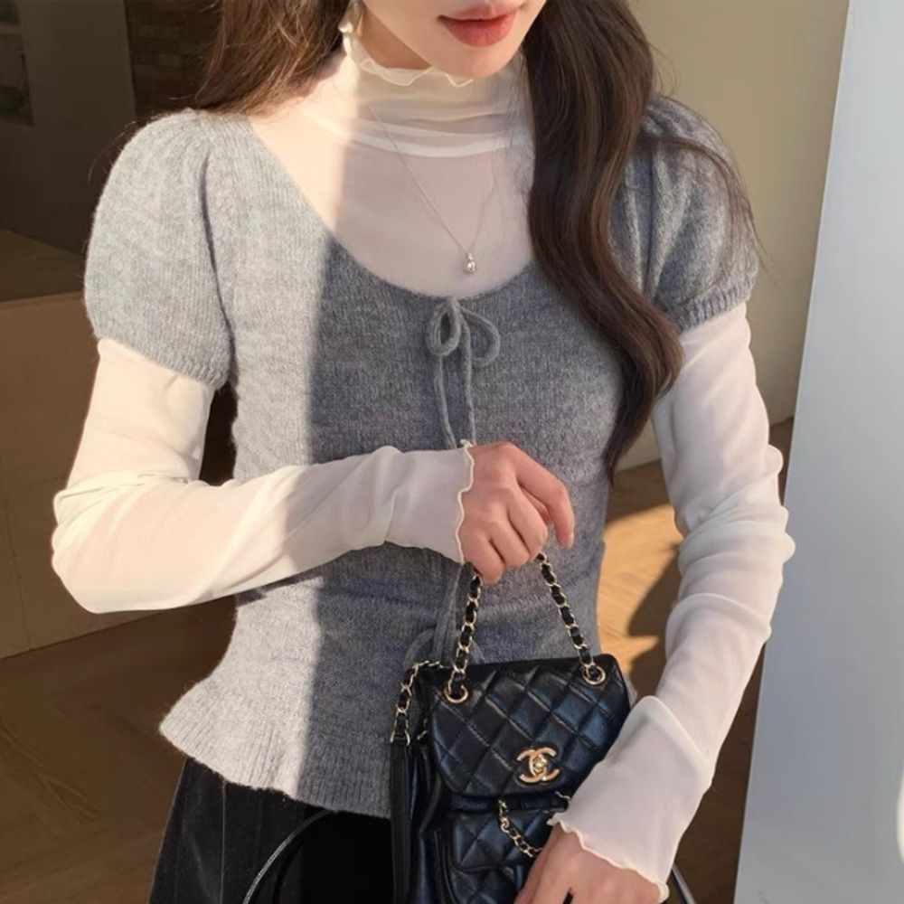 반목 폴라넥 물결 라인 시스루 무지 폴라 티셔츠