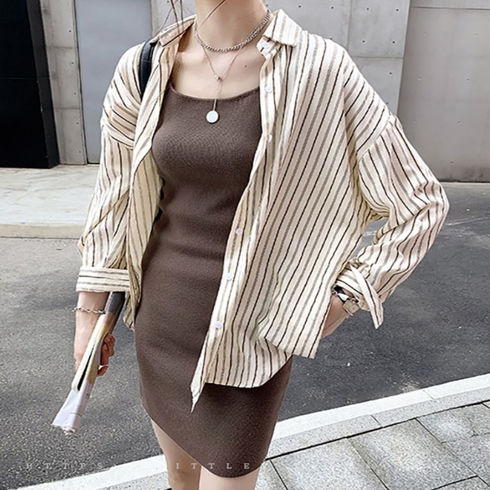 봄 가을 여자 여유핏 세로 스트라이프 긴팔 셔츠 남방