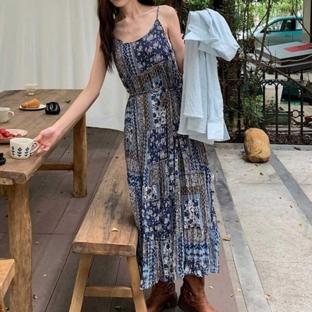 에스닉 롱원피스 나시 기본 허리스트링 데이 쉬폰 플