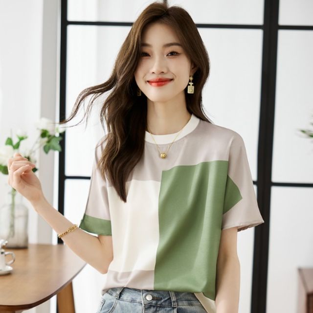 데이트룩 출른룩 데일리 스플라이싱 쉬폰 반팔 티셔츠