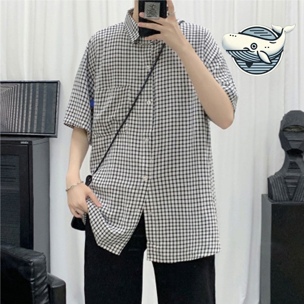 고급스러운 체크무늬 오버핏 카라반팔셔츠 남친룩