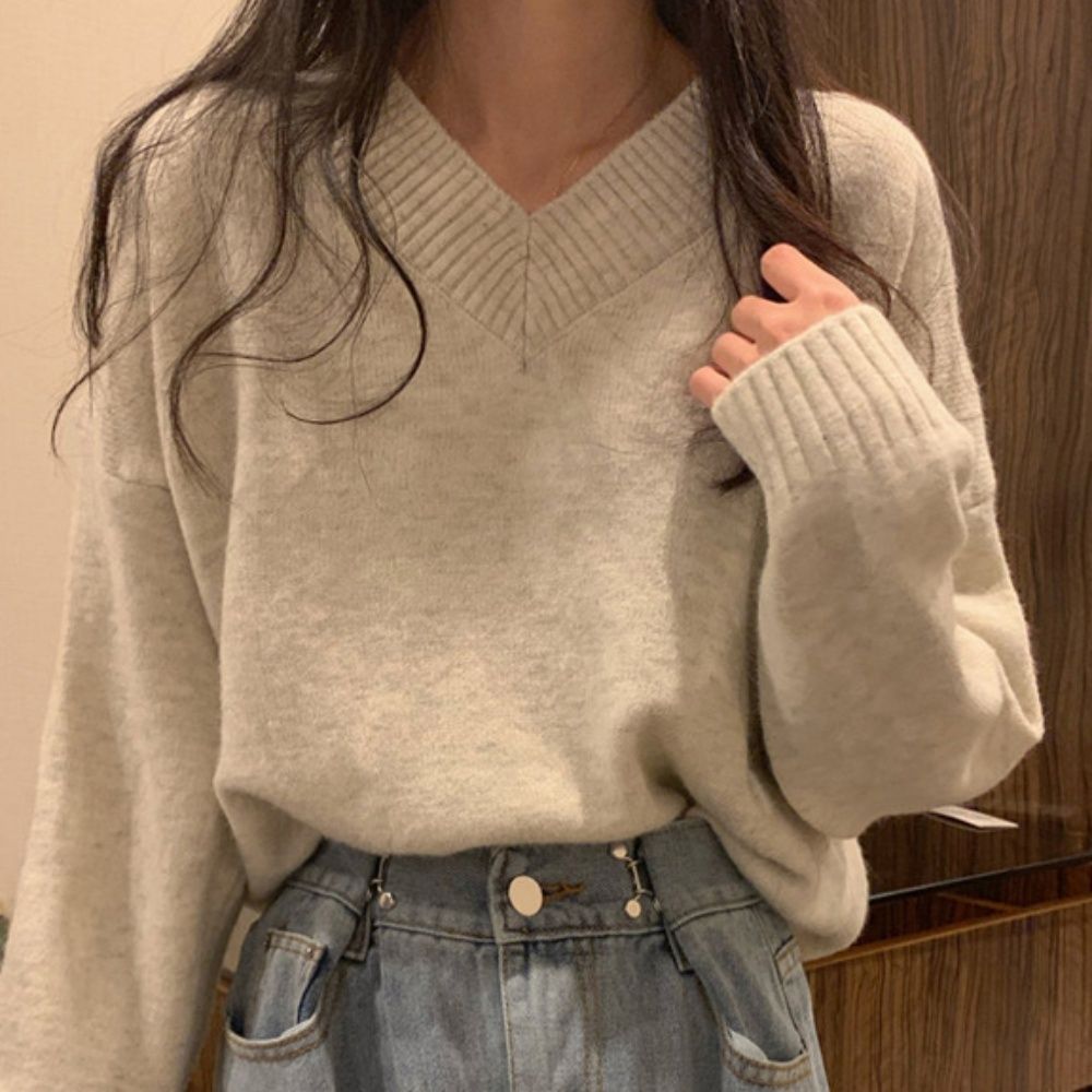 여성 브이넥 골지 패턴 부드러운 촉감 티셔츠