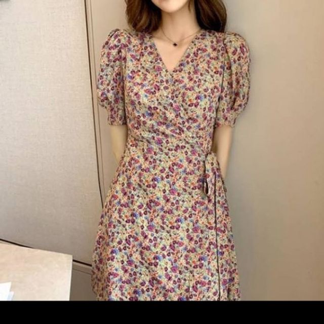 플라워 원피스 랩스타일 기본 가운 데이 반팔 비치 로