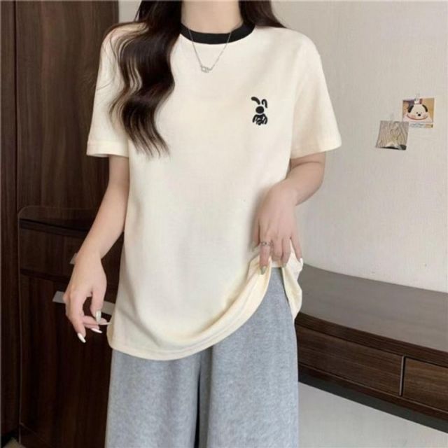 반팔 래빗 라운드넥 기본 링거 데이 숏 자수
