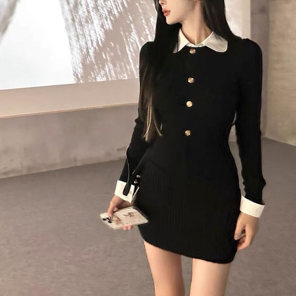 여성 카라 긴팔 미니 원피스 블랙 1P 슬림핏 하객룩