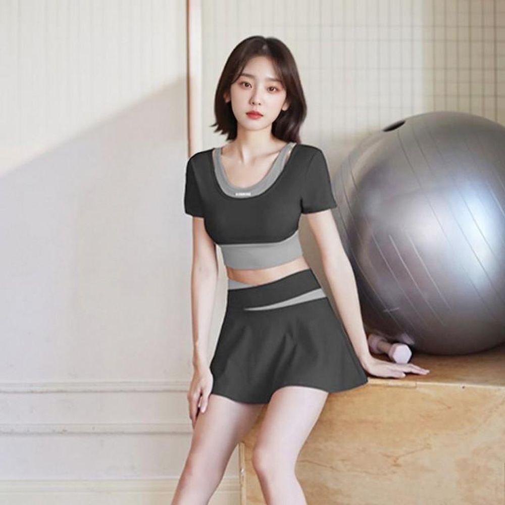 여성 헬스 러닝 스포츠 브라탑 3부 치마 팬츠 세트