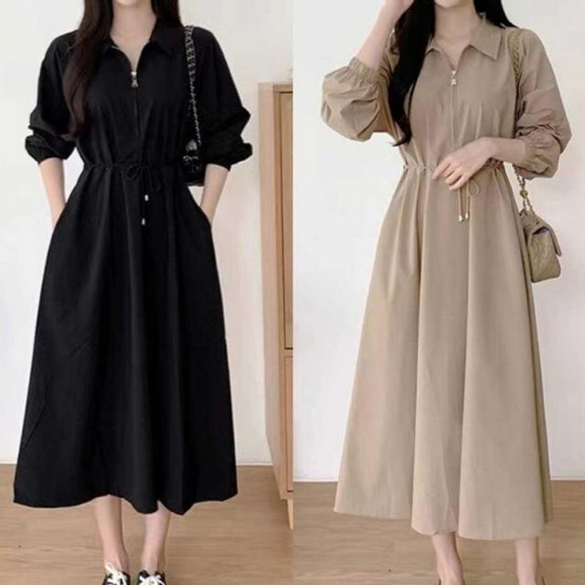 집업 롱원피스 카라 기본 허리 데이 뒷밴딩 A라인 허