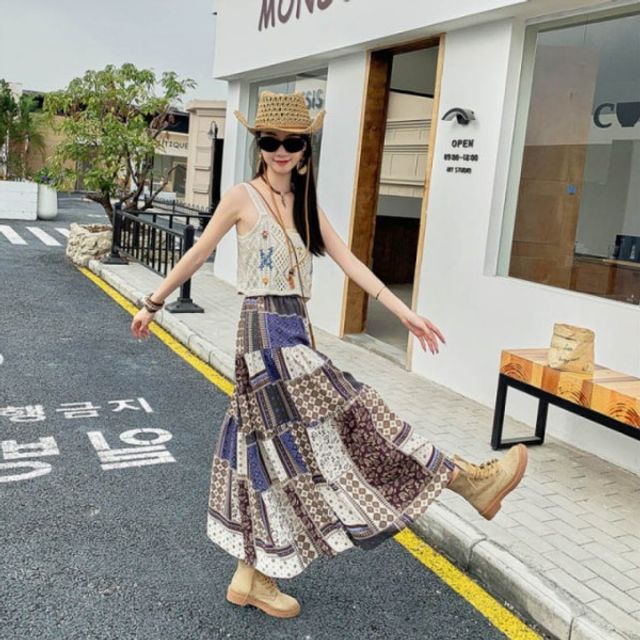 네모 체크 패턴 기본 스커트 데이 밴딩 휴양지 캐주얼