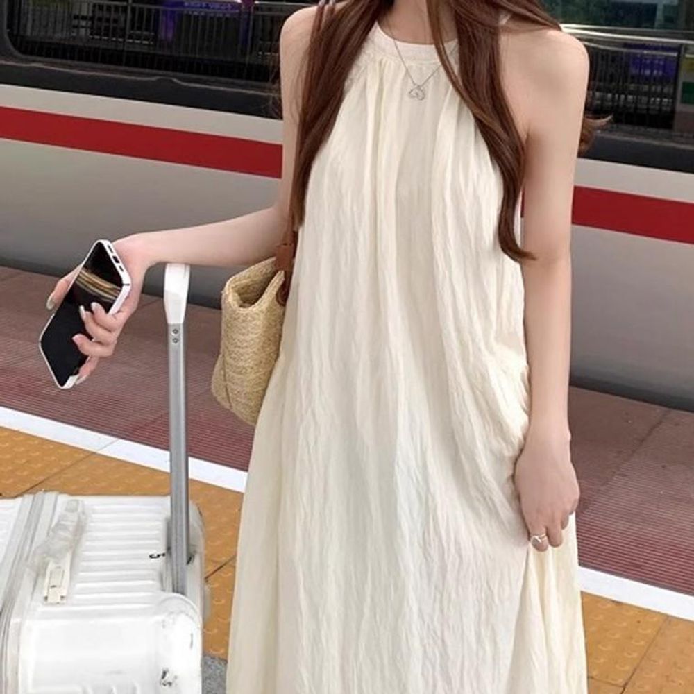 반팔롱 롱원피스 여름 여성 미니 홀터넥 심플 데일리