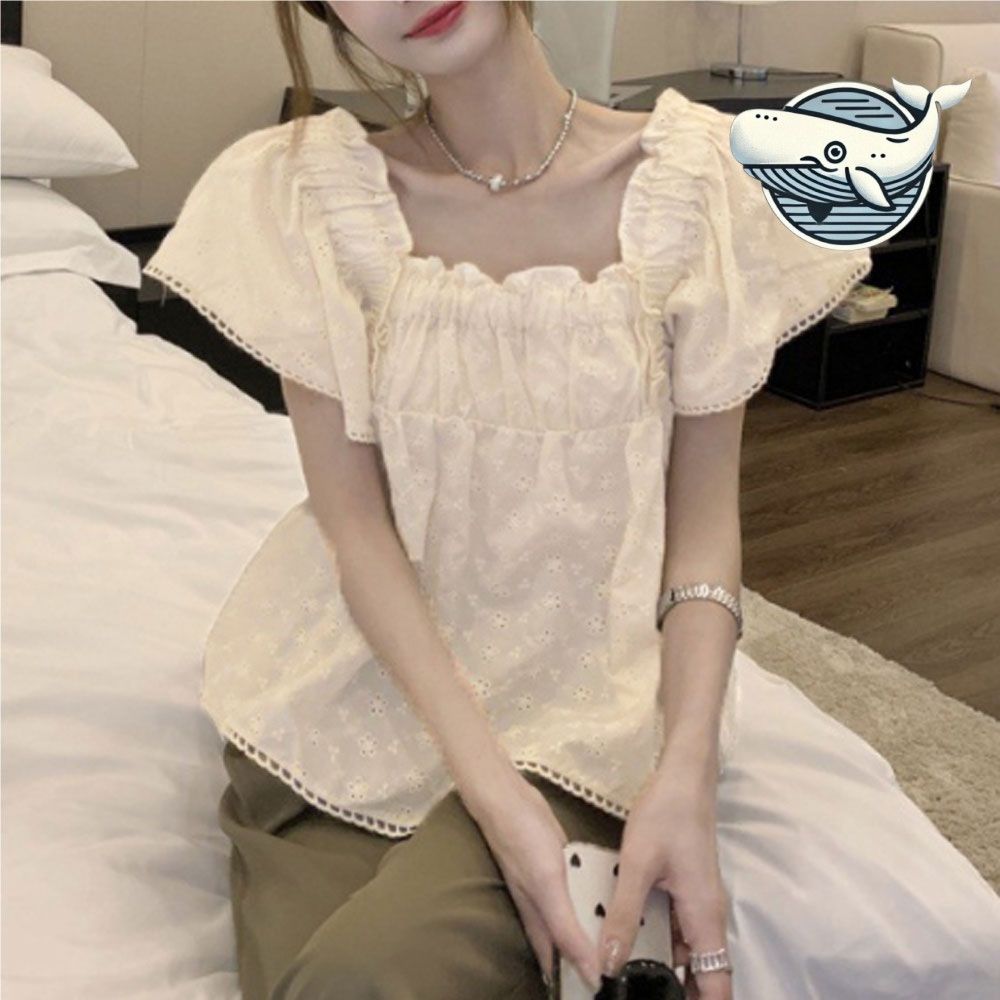 여름 프릴 블라우스 레이스 장식 스퀘어넥 여성